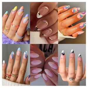 6 Pack Press on Nails - Almond, French Tip, Swirl, False, Gel - 144 Pcs